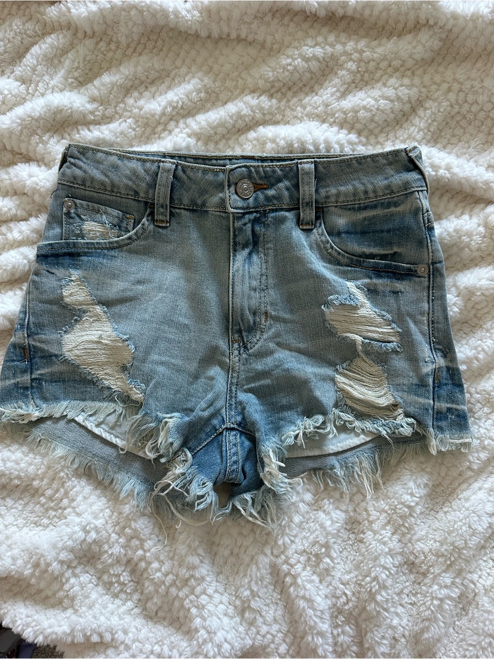 Light Blue Distressed Denim Cutoff Shorts